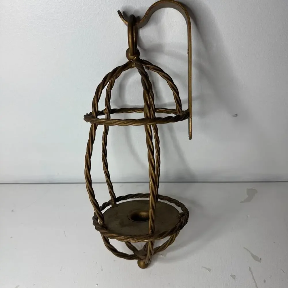 Vintage Twisted Metal Caged Candle Stick Wall Sconce Gold MCM Style